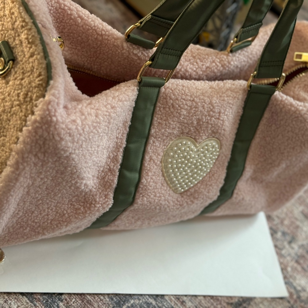 Blush Sherpa Stoney Clover Lane Duffle Bag with Olive Accents